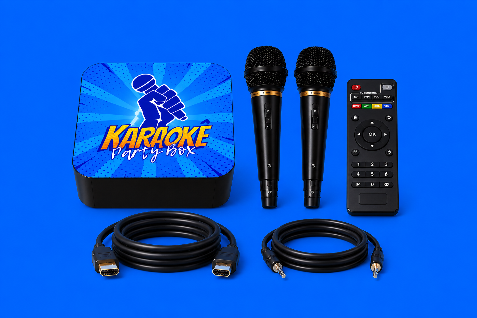 Kit completo: Party Box, dois microfones, controle, HDMI e cabo de áudio